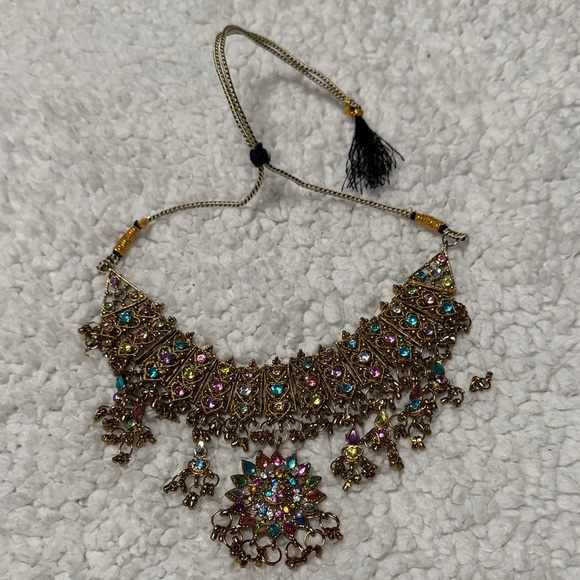 Indian Costume Jewelry 2 Necklaces | Multicolor Rhinestones | Silver & Gold Tone - Picture 2 of 7